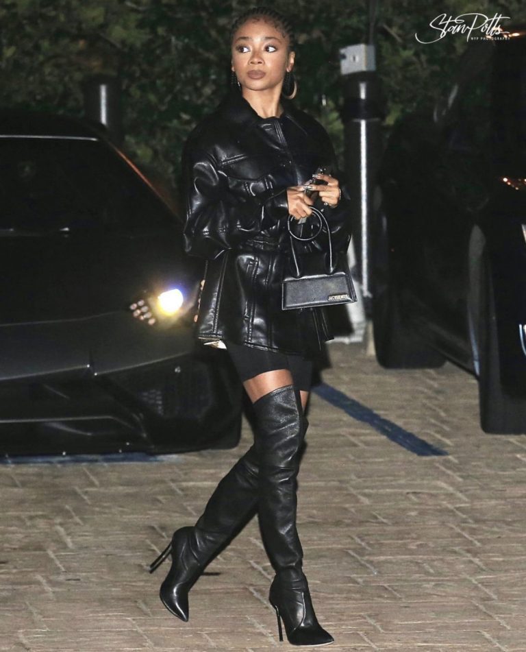 Skai Jackson Celebrates Her Birthday at NOBU Wearing Nanushka Black Oversized Belted Leather Shirt, Casadei Black Leather Thigh High Boots, and Jacquemus Black Medium Tote Bag Skai Jackson Celebrates Her Birthday at NOBU Wearing Nanushka Black Oversized Belted Leather Shirt, Casadei Black Leather Thigh High Boots, and Jacquemus Black Medium Tote Bag