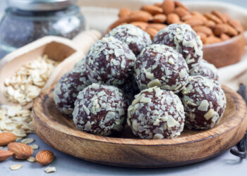 Healthy homemade paleo chocolate energy balls with rolled oats, nuts, dates and chia seeds, horizontal